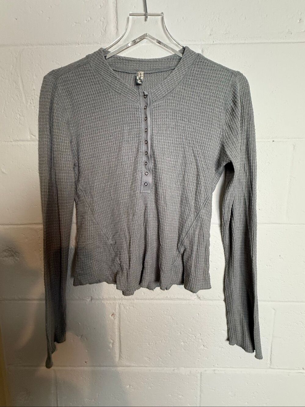Free People Women’s Gray Waffle Knit Henley Long Sleeve Top Boho Casual Large